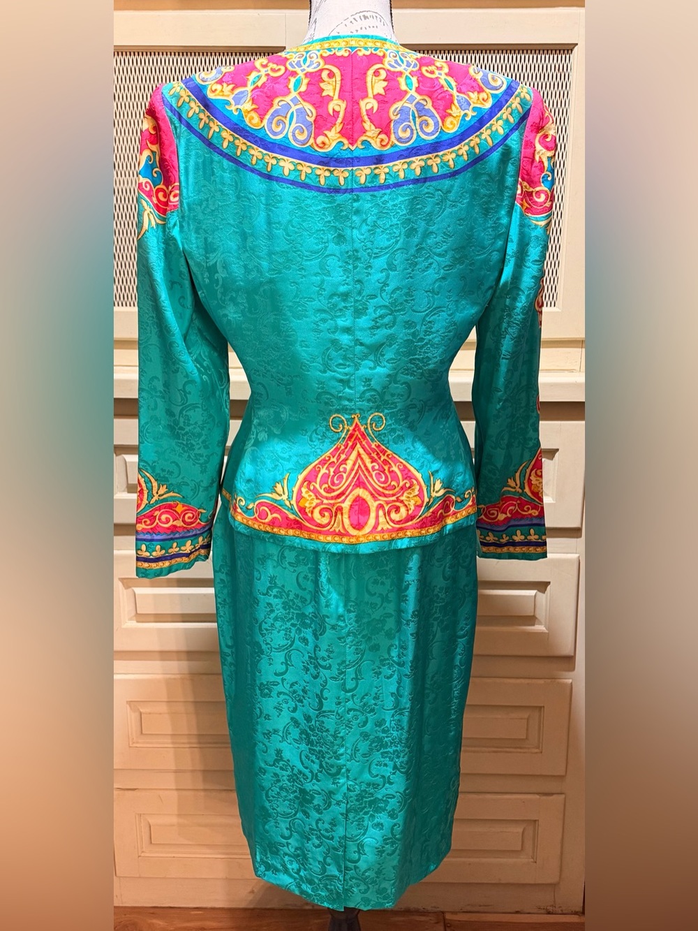 VTG Adrianna Papell 100% Silk Jacquard Skirt Suit Set 80s 90s Baroque - Picture 3 of 6